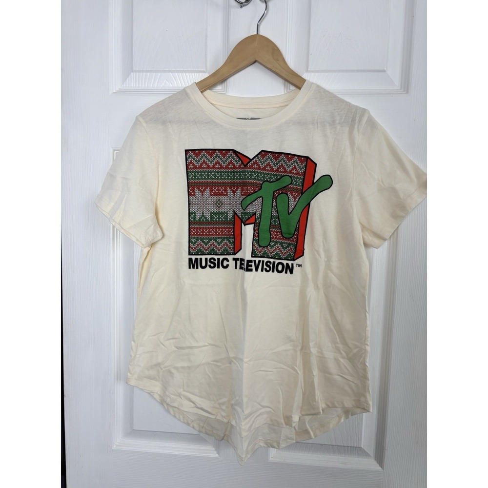 MTV Women's Tee Cotton Blend Size XL With Fair Isle Logo Off‎ White NWOT